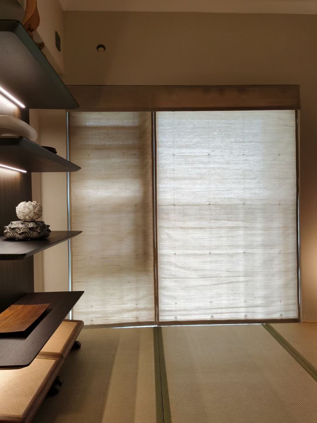 Bamboo linen natural woven shade installation