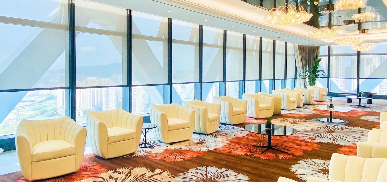 Light filtering roller blinds installed in a hotel lobby project