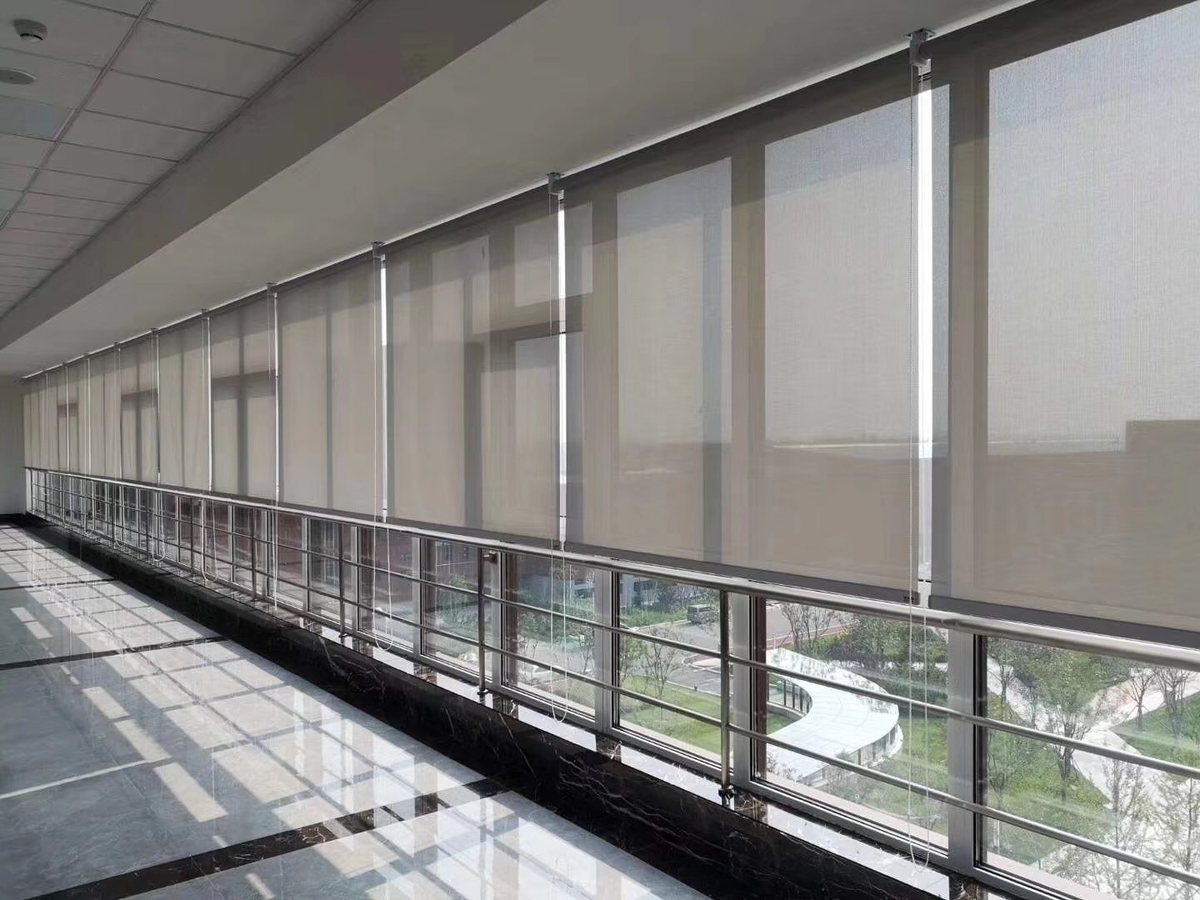 Motorized roller blinds commercial corridor installation