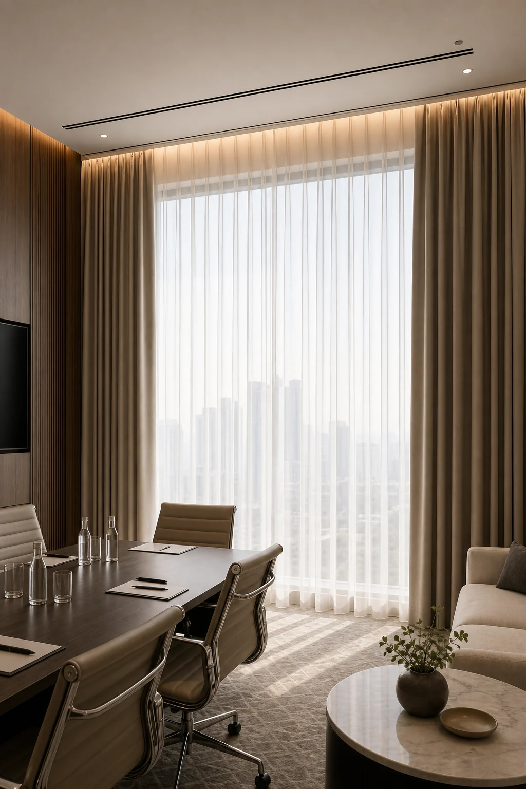 Motorized curtain tracks in a conference room interior