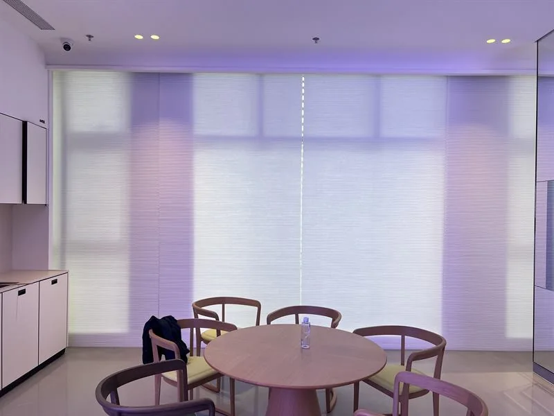 Motorized zebra blinds living room installation