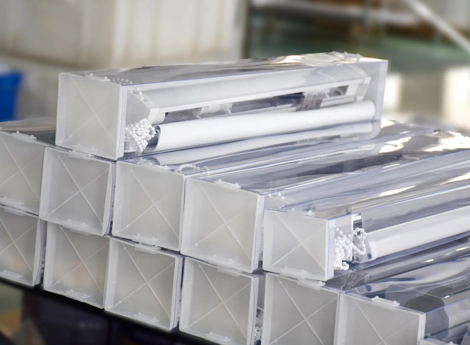 Factory, Quality Control & Packaging for Motorized Blinds Protected blind units packed and stacked before shipment