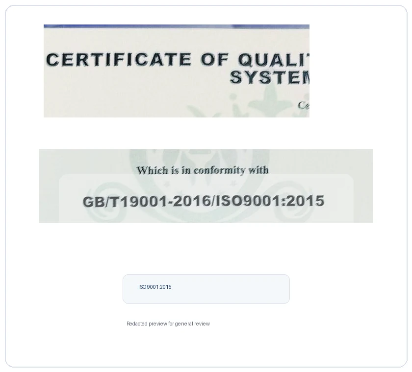 Redacted preview thumbnail for ISO 9001 quality management certificate