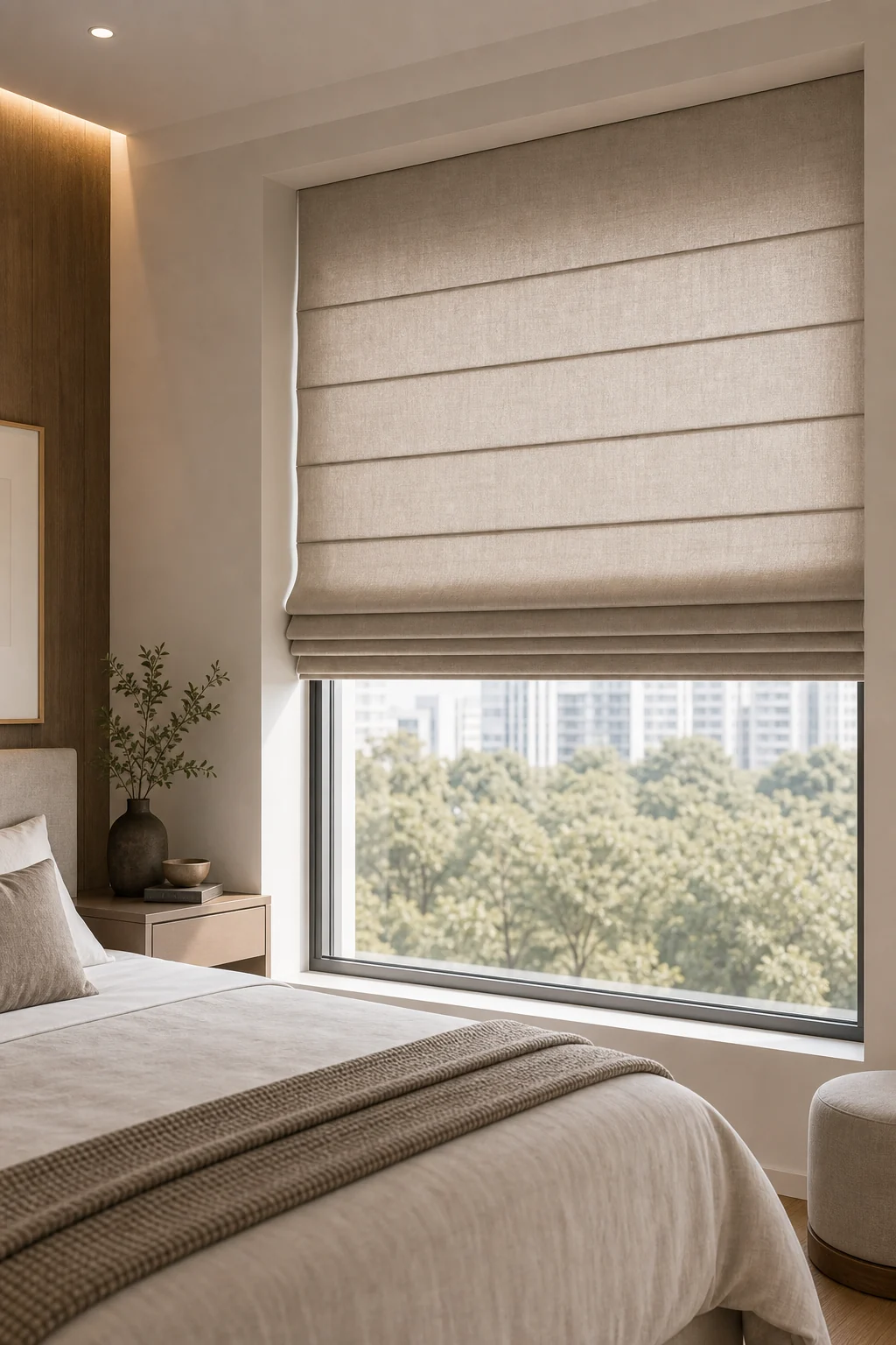 Roman blinds in a modern bedroom interior