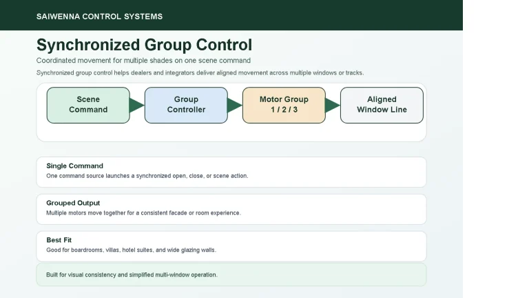 Dealer Support & Resources for Motorized Blinds Synchronized group control for multiple Saiwenna motorized blinds and curtain tracks