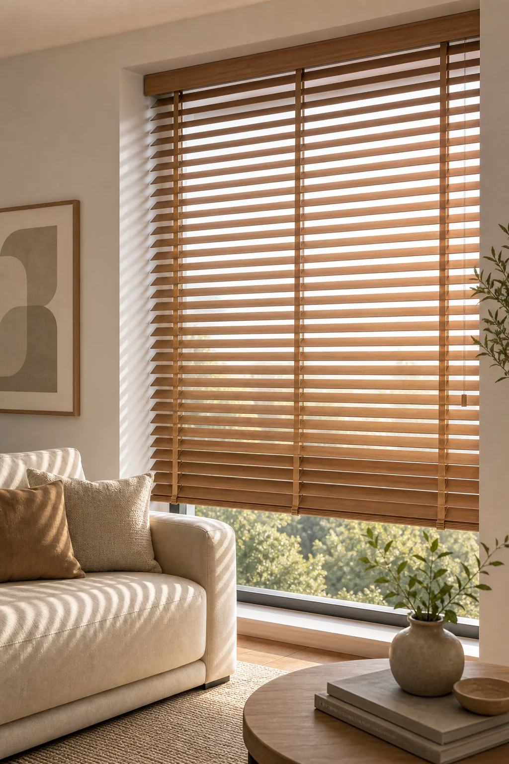 Wood blinds in a modern living room