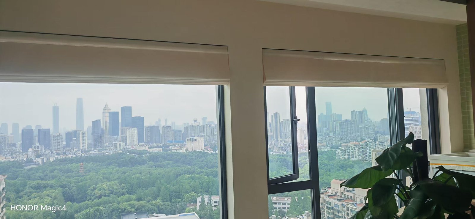 Zebra shades installed beside a large residential view window